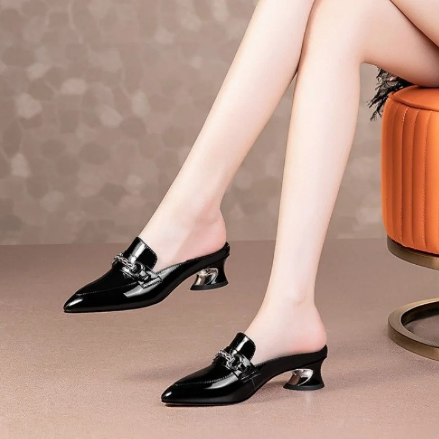 

Summer Ladies Leather Sole Slippers Women Sexy High Heel Mules Clogs Black Pointed Slides Mules Emal Slip On Sandals Shoes Pumps