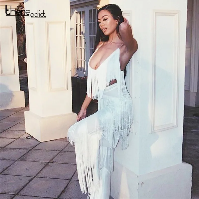 Bandage Women Set Sleeveless White Two Piece Set Top And Pants 2 Piece Set Women Chiffon Tassel Two Piece For Women Fringe Sets