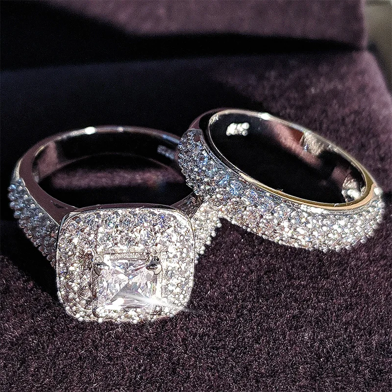 

Luxury silver color White Cube CZ Stone Band Ring Set For Women Bridal Wedding Engagement Love Promise Couple Pair Jewelry