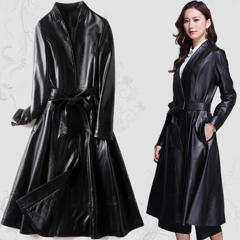 Женская длинная куртка из натуральной овечьей кожи элегантный тренчкот в