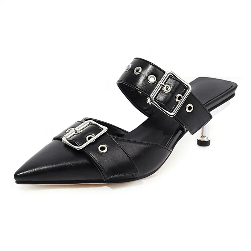 

2020 fashion New white black Heteromorphic Heel Sandals high-heeled Shallow Mouth Pointed Metal Belt Buckle Sandals