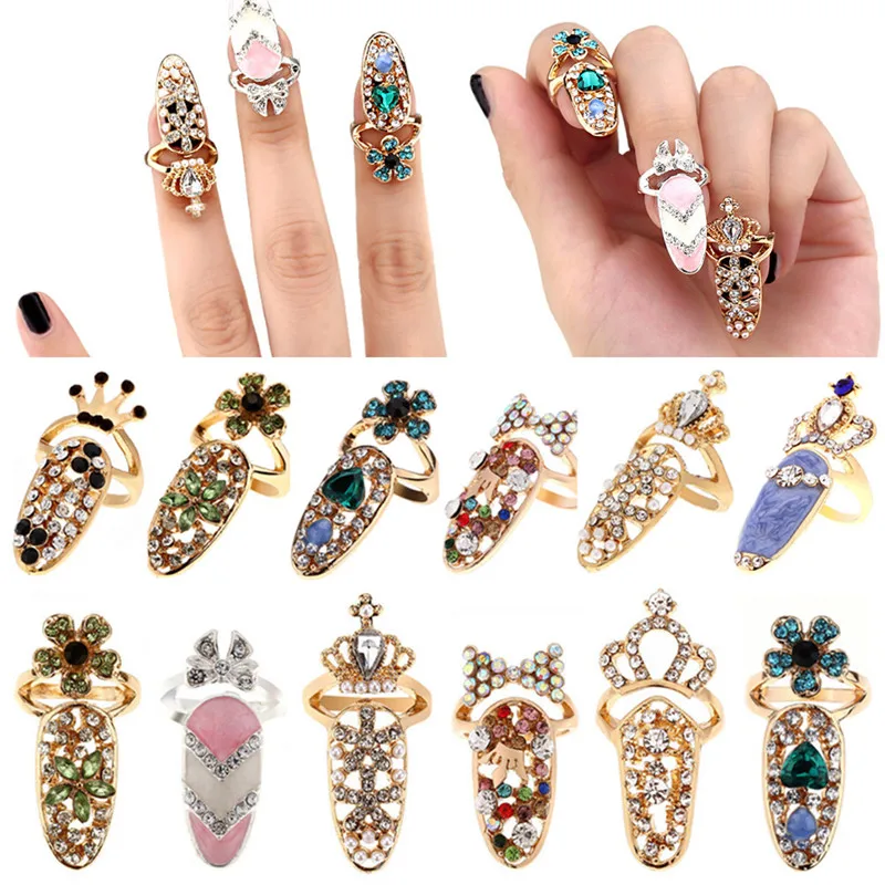 

Women Vogue Bowknot Nail Ring Charm Crown Flower Crystal Finger Nail Rings