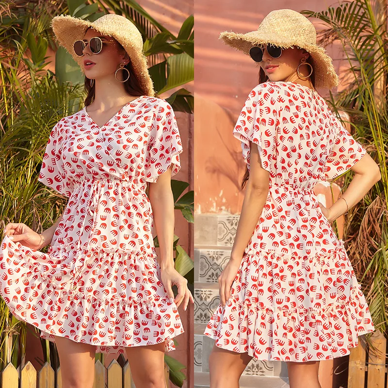 Летнее женское платье с принтом богемное Повседневное v-образным вырезом