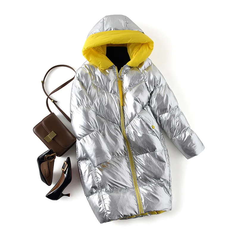 Женские серебряные Длинные пуховые куртки в Корейском стиле стеганое пальто