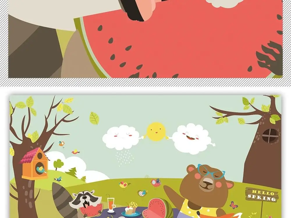 

New Custom 3D Large Mural Wallpaper Fresh scenery cartoon animals picnic children's room TV Background living Bedroom