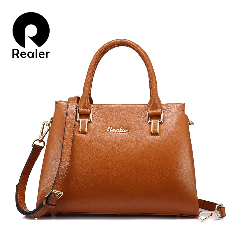 REALER натуральная кожа женская сумка с короткими ручками большая вместительная