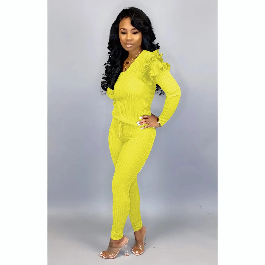 QILI Plus Size Two Piece Set Jumpsuits Womens Stretch Twill Ruffles Long Sleeve 2 Piece Outfits Casual Jumpsuits Autumn Jumpsuit