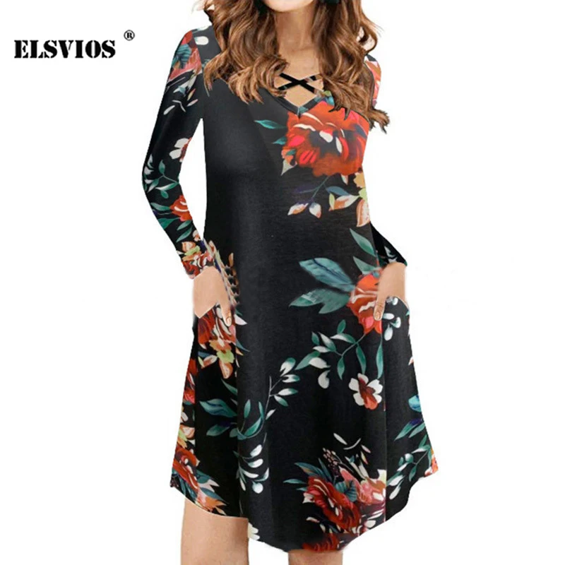 

Sexy Women Fashion Fall Winter V Neck Cross Print Dresses Pullover High Waist Long Sleeves Slim Dresses Elegant Vintage Vestidos