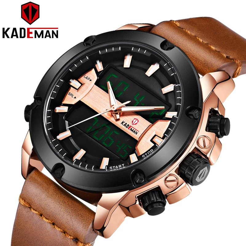 

Kademan Men's Multifunctional Sports Watch Double Time Zone Large Dial Belt Quartz Watch Men's Watch Japanese Movement