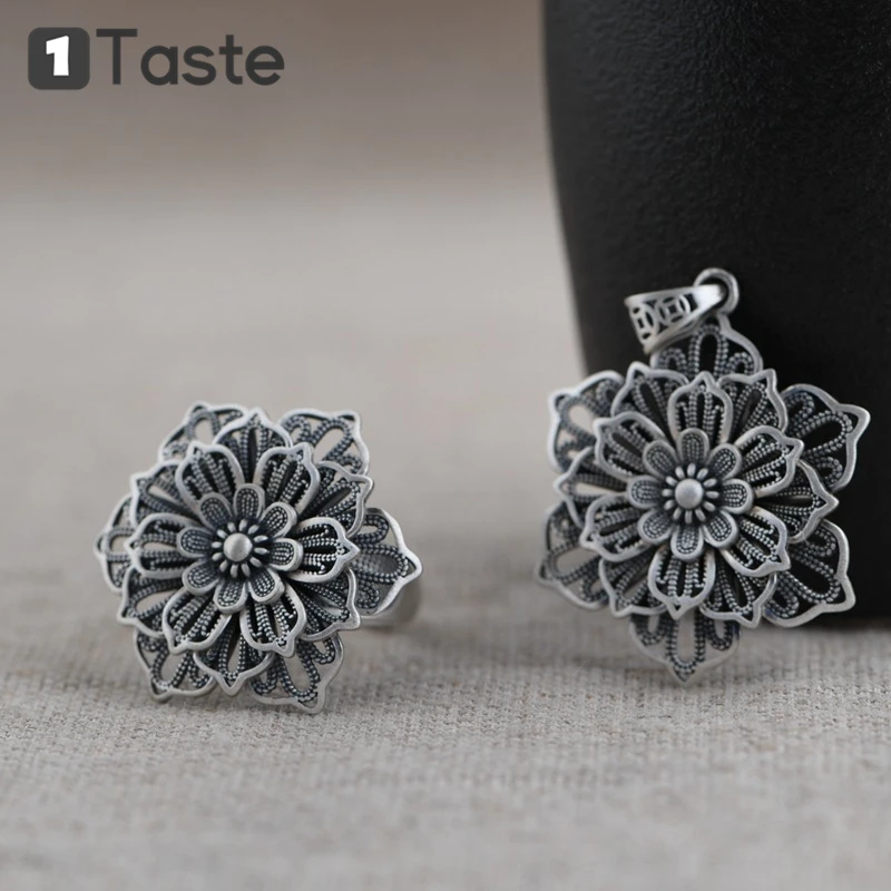 

ONE TASTE S925 Silver Thai Handcrafted Flower Jewelry For Women Ring Drop Earrings Pendant Fine Jewelry Hollow-out Vintage Gift