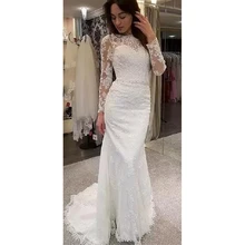 Vestido De novia Vintage De encaje completo, manga larga, espalda en V, encantador, cuello redondo, tren pequeño, 2022 (1)