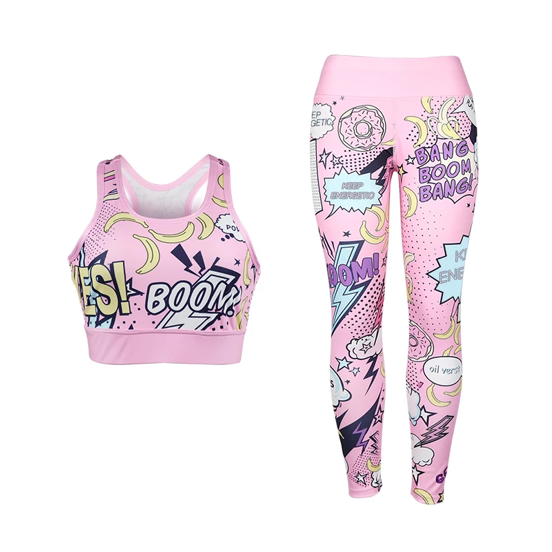 pink IWUPARTY комплект из 2 предметов с милым розовым принтом для йоги, женские комплекты для тренировок, тренажерного зала, спортивный укороченный топ, леггинсы, Женский костюм для бега - Цвет: pink