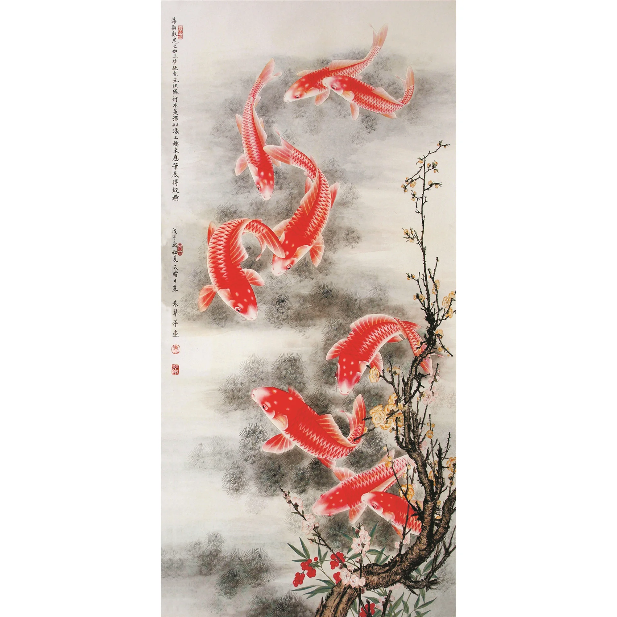 

Wall art, Painting by numbers, ,Chinese Traditional Silk Scroll Painting Wall Pictures,Silk Wall Poster Prints ,- Red fish