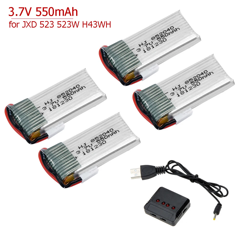 4pcs/set 3.7V 550mAh 25c Lipo Battery 852040 With 4 in 1 Charger for JXD 523 523W H43WH RC Quadcopter Drone 3.7 v 550 mah 852040