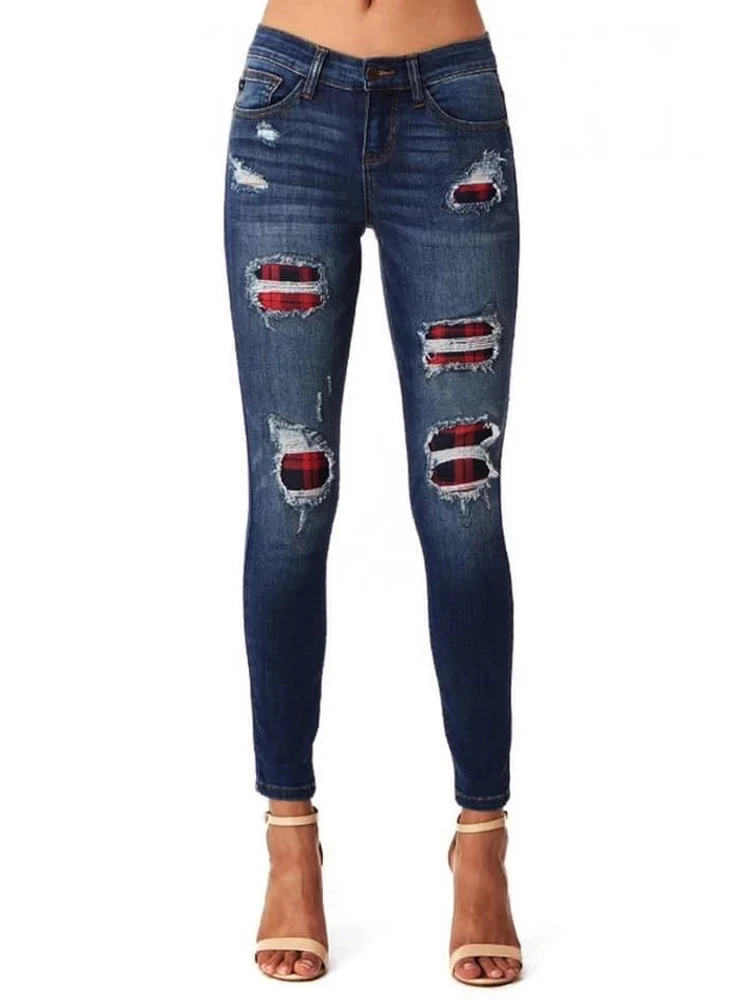 Узкие джинсы женские рваные брюки карандаш с леопардовым принтом в клетку