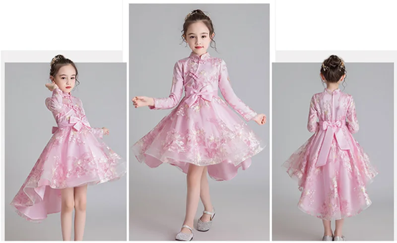 Flower Embroidered Long Sleeve Autumn Winter Bow Lace Tutu Girl Princess Dress Costumes Clothes Show Evening Party Dress WG-1210