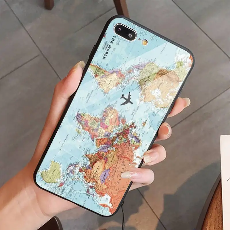 

World Map Travel Phone Case Tempered glass For iphone 5C 6 6S 7 8 plus X XS XR 11 PRO MAX