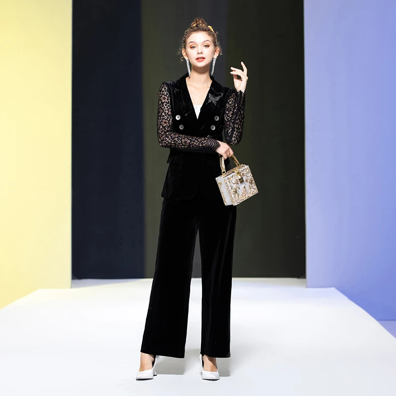 

High Quality Autumn New Lace Long Sleeve Stitching Diamond Velvet Tops Elastic Band Trousers Elegant Chic Women'S Two Piece Set