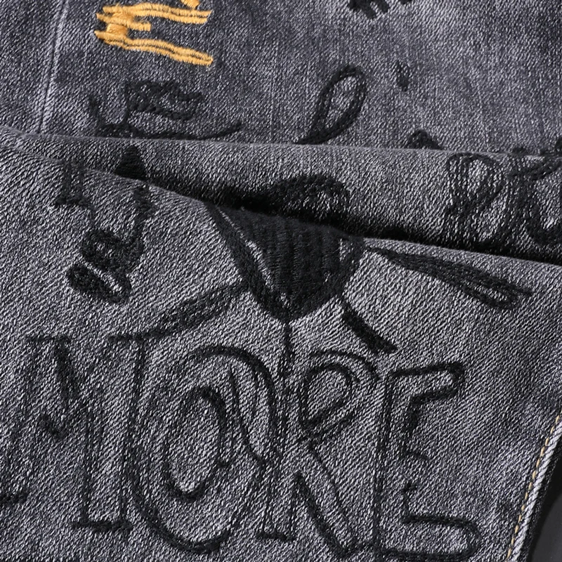 American Street Fashion Men Jeans Retro Gray Elastic Slim Fit Printed Jeans Men Embroidery Designer Hip Hop Denim Punk Pants