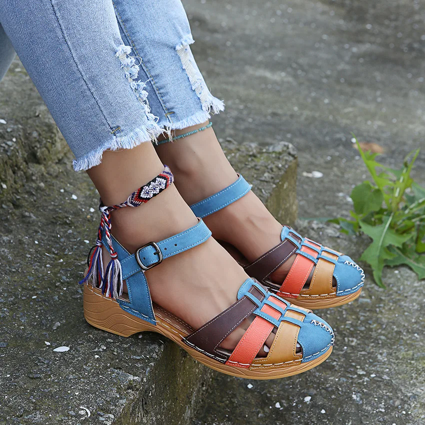 

Сандалии-гладиаторы Женские винтажные, босоножки с ремешком и пряжкой, с квадратным носком, с вырезами в ретро стиле, разноцветная обувь