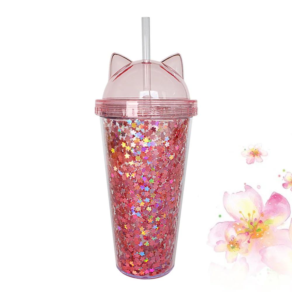

1Pc 420ml Sequin Double Layer Cup Cat Ear Shape Double-walled Water Cup Straw Cup )