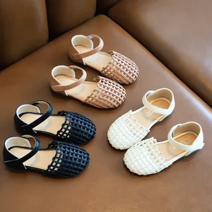 Сандалии из искусственной кожи в римском стиле для девочек; Детские дышащие туфли на плоской подошве; Тканые винтажные туфли принцессы; Детская пляжная обувь