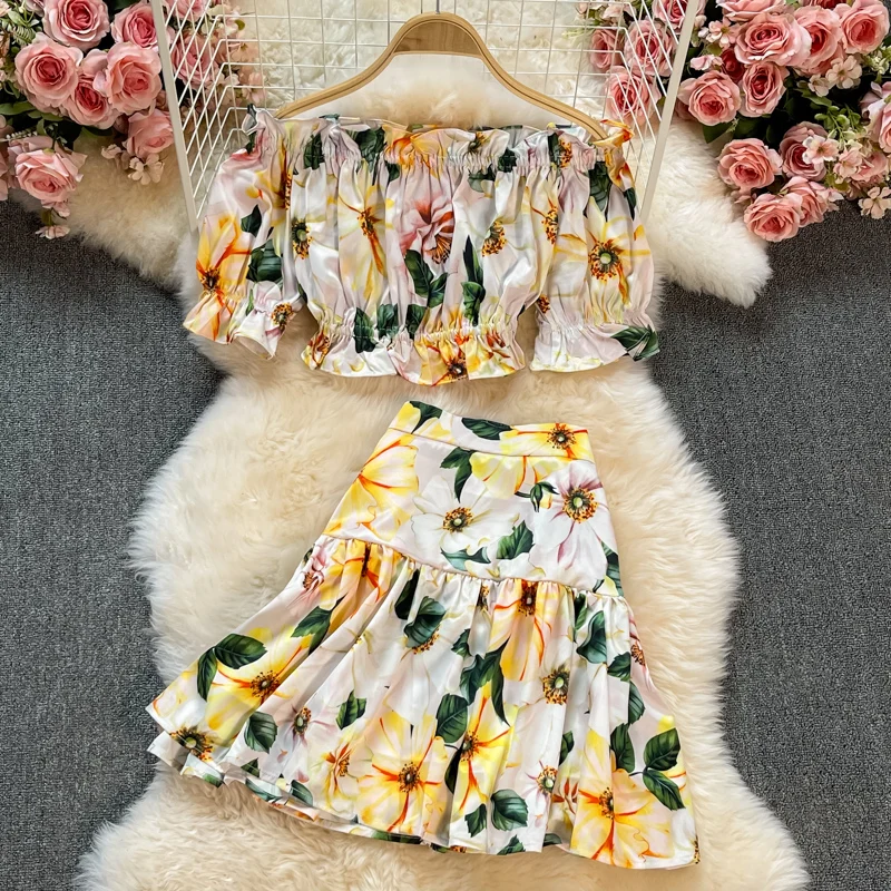 

Женский праздничный костюм Amolapha в пляжном стиле из 2 предметов, короткий топ с вырезом лодочкой и открытыми плечами и юбка с принтом и высоко...