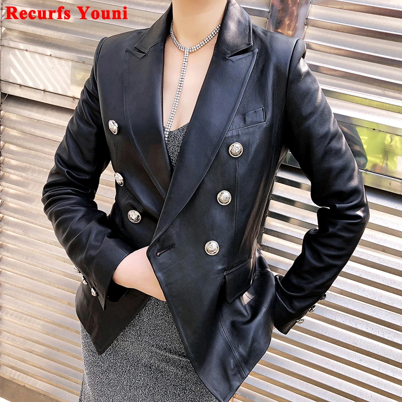 

Ropa De Mujer Women Classic 100% Genuine Leather Suit Double-Breasted Jacket Female Slim Draw Back Short Coat Long Dress Casaco