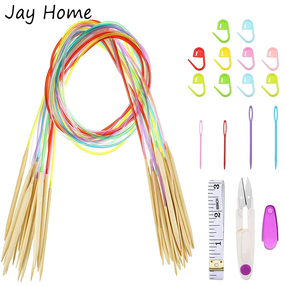

18Pcs Bamboo Knitting Needles Kit 2mm to 10mm Double Pointed Circular Knitting Needles with Colorful Tubes DIY Weaving Tools Set