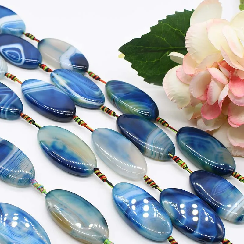 

2strands/lot Natural blue pattern Agate Oval loose beads For DIY Bracelet Necklace Jewelry Making Strand 15"