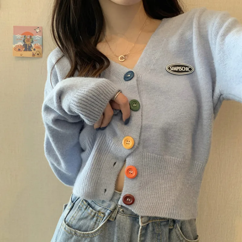 

Women Fashion Long Sleeve V-Neck Candy Color Buttons Slim Knitted Cardigans 2021 Casual Knitwear Sweater
