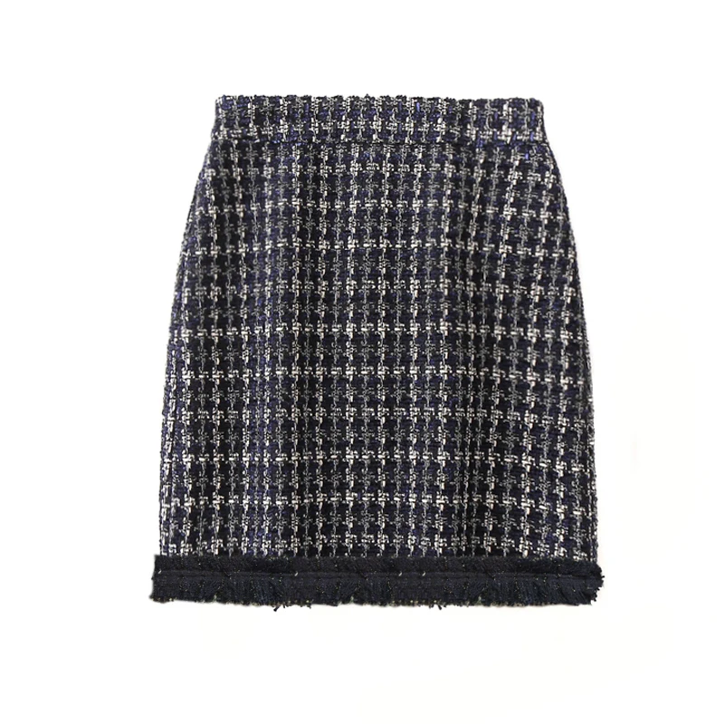 

Tweed skirts long tassel 2020 spring and autumn women's skirts ladies bag hip wool blend tweed A-line skirt