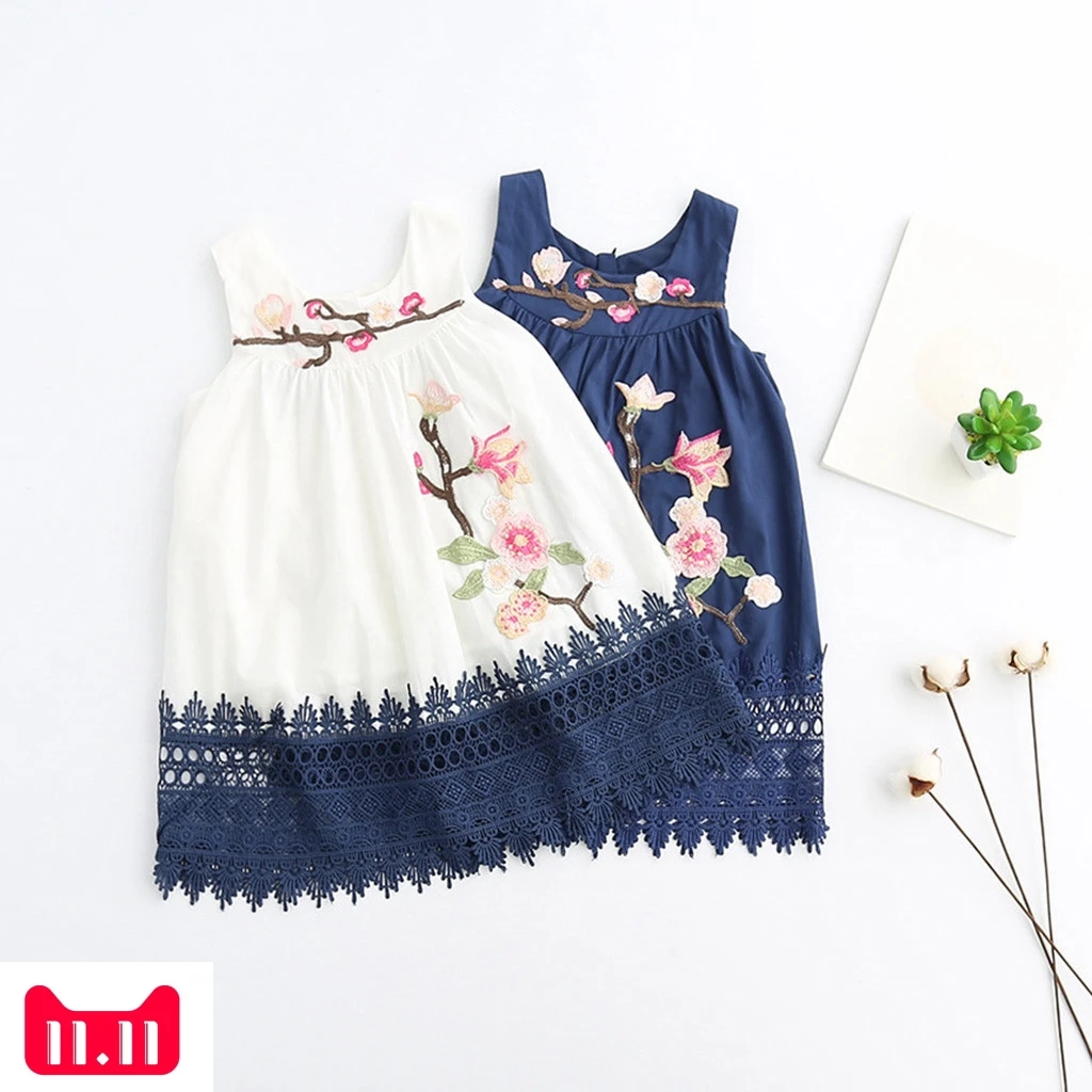 Детское кружевное платье майка принцессы с цветочной вышивкой для маленьких