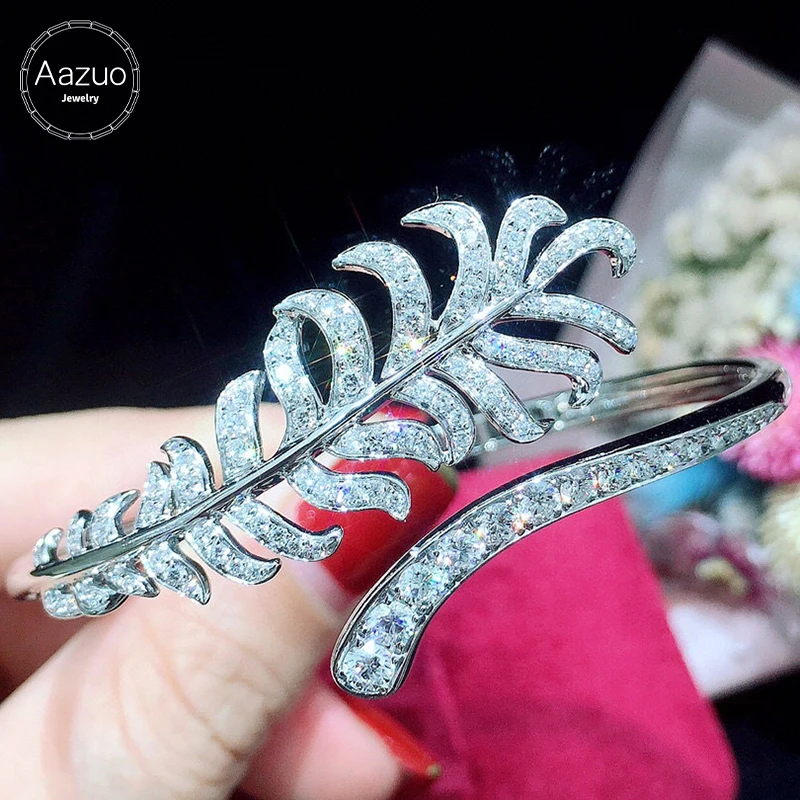 Aazuo Real 18K White Gold Real Diamonds 1.65ct Big Feather Open Bangle For Woman Upscale Trendy Wedding Engagement Party