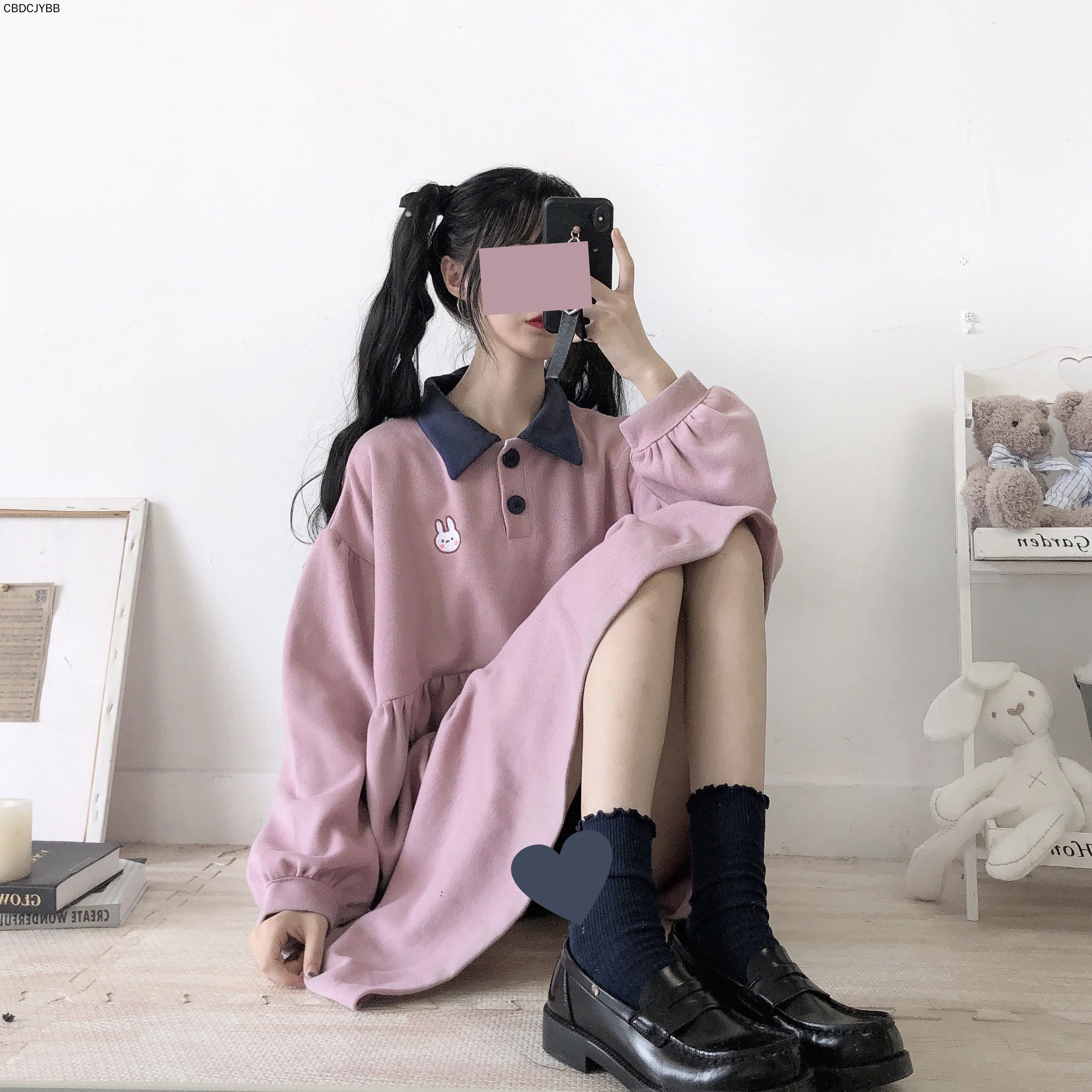 

Cute Cartoon Rabbit Pink Hoodie Dress Teenage Girl Kawaii Bear Bunny Casual Pullover Navy Blue Long Sleeve Mini Dresses 2021 New