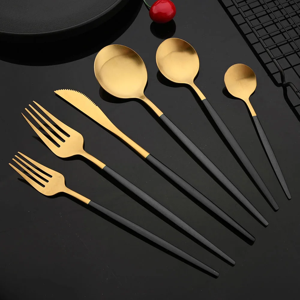 

Набор из 4 матовых черных и золотых столовых приборов, вилка, ложка, столовые приборы, комплект из нержавеющей стали, золотые кухонные наборы