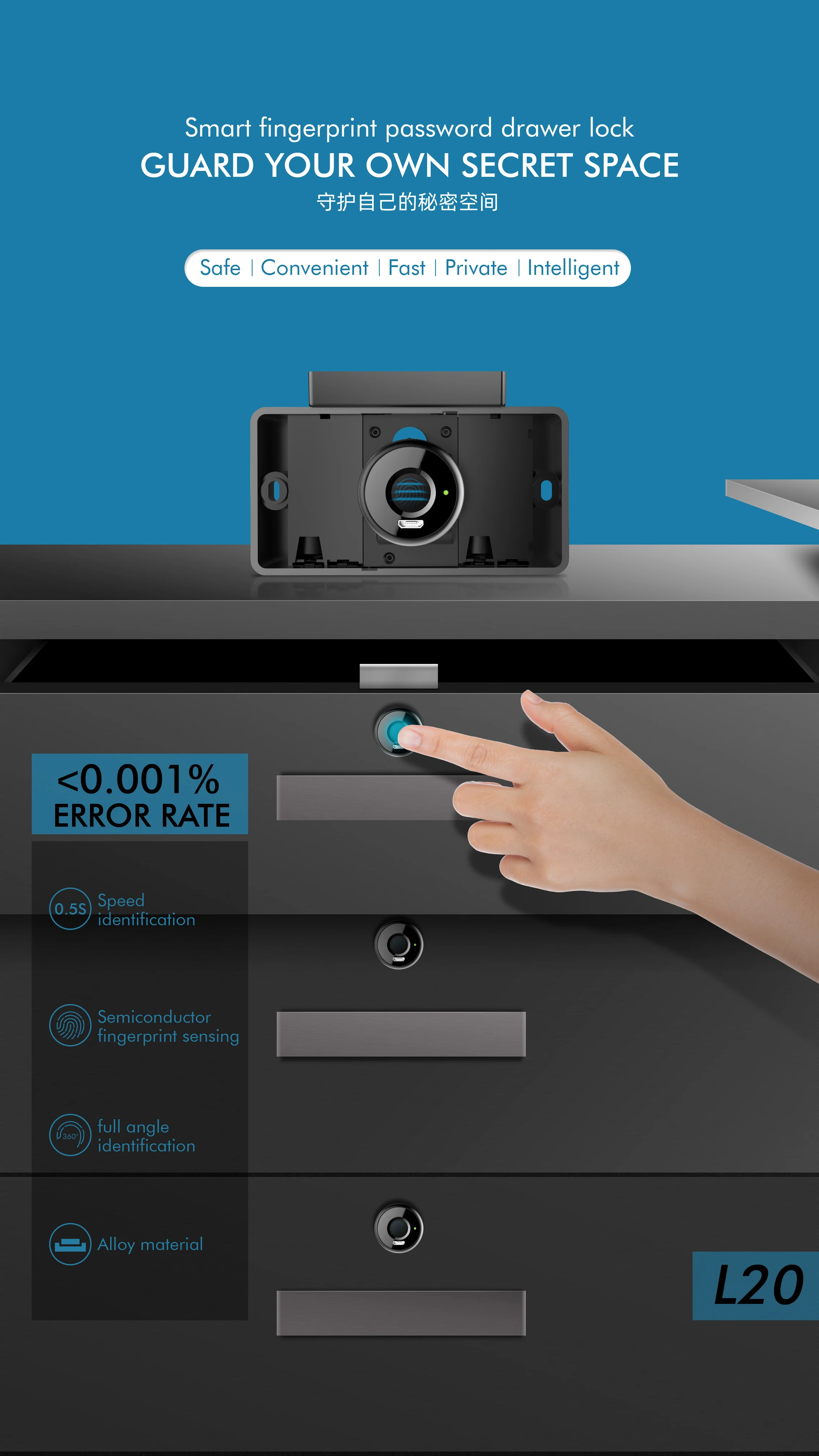 360 Degree Electronic Lock Drawer Door Fingerprint Storage Cabinet Security Keyless USB Rechargeable | Безопасность и защита