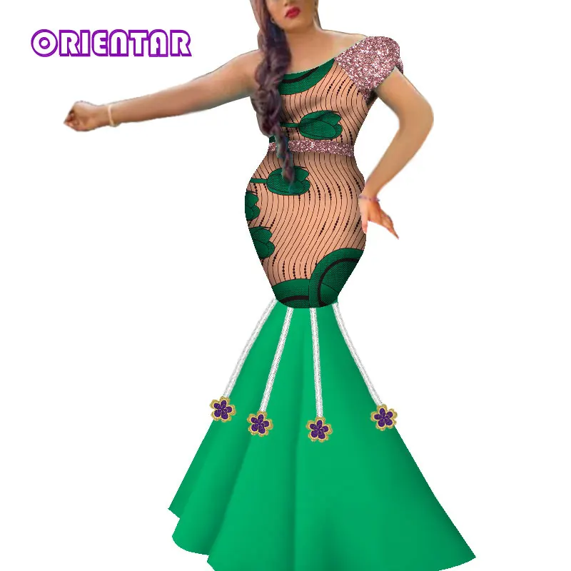 2019 New African Dresses for Women In African Clothing with Appliques Bazin Riche Lady African Mermaid Evening Dresses WY5089