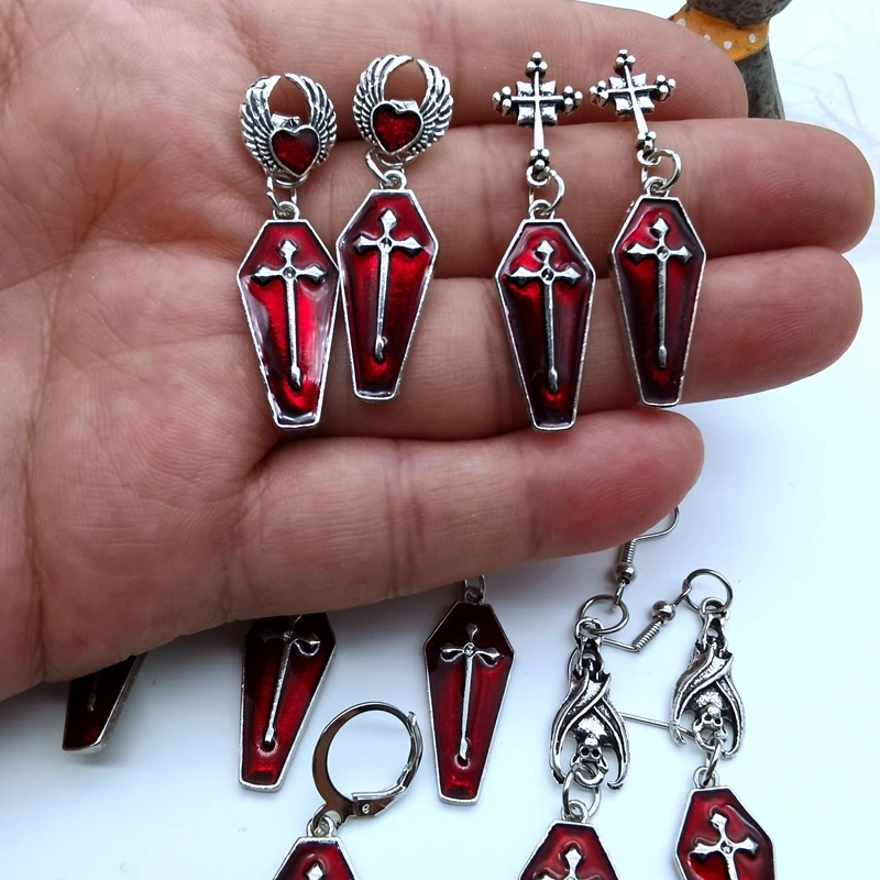 Женские серьги в стиле панк готика ретро крест смерти красная кровь гроб