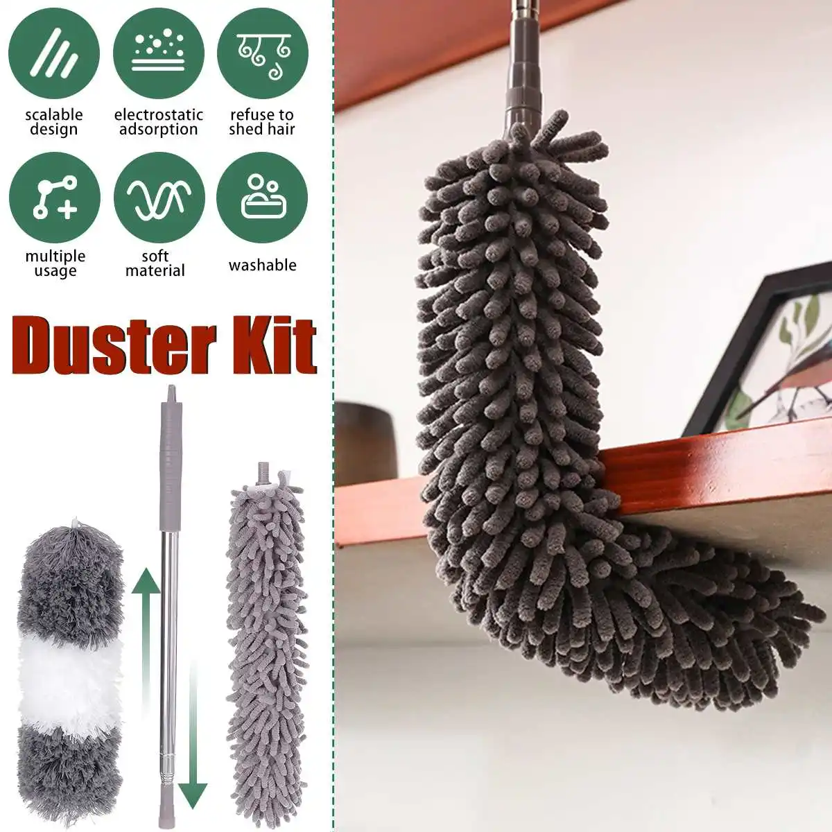 

2Heads Duster 0.75m-2.5m Retractable Pole Easy Cleaned And Reused Duster Arbitrarily Bent Car Duster Household Cleaning Tools