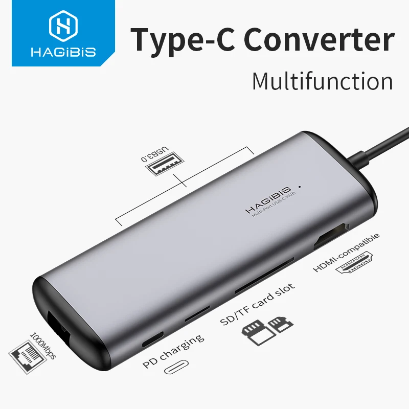 aliexpress.com - Hagibis USB C HUB USB to HDMI-compatible USB 3.0 RJ45 Carder Reader PD Adapter Type C USB 3.0 Dock Video Converter for Macbook