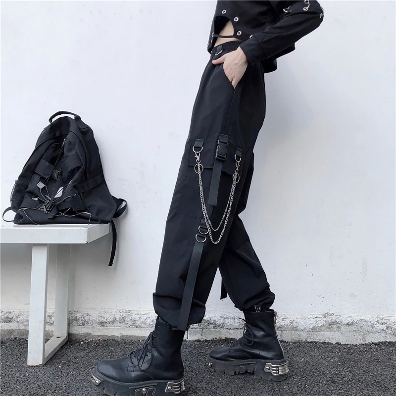 

Women Cargo Pants 2021 Harem Pants Fashion Punk Pockets Jogger Trousers With Chain Harajuku Elastics High Waist Streetwear