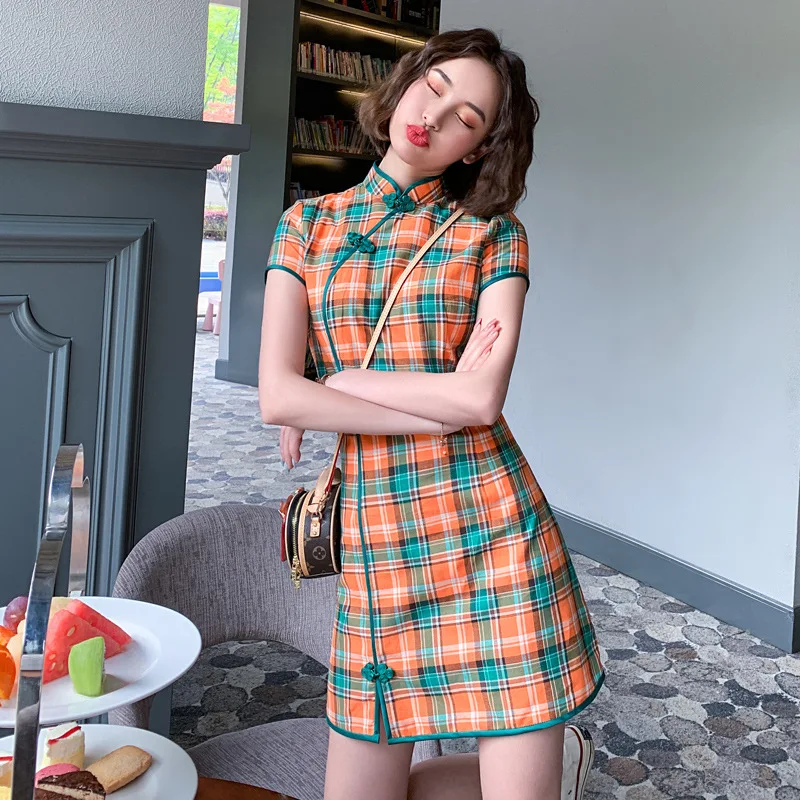 

Женское винтажное платье Ципао, модифицированное китайское клетчатое платье в стиле ретро, современная одежда Ципао, хлопковое платье Ципа...