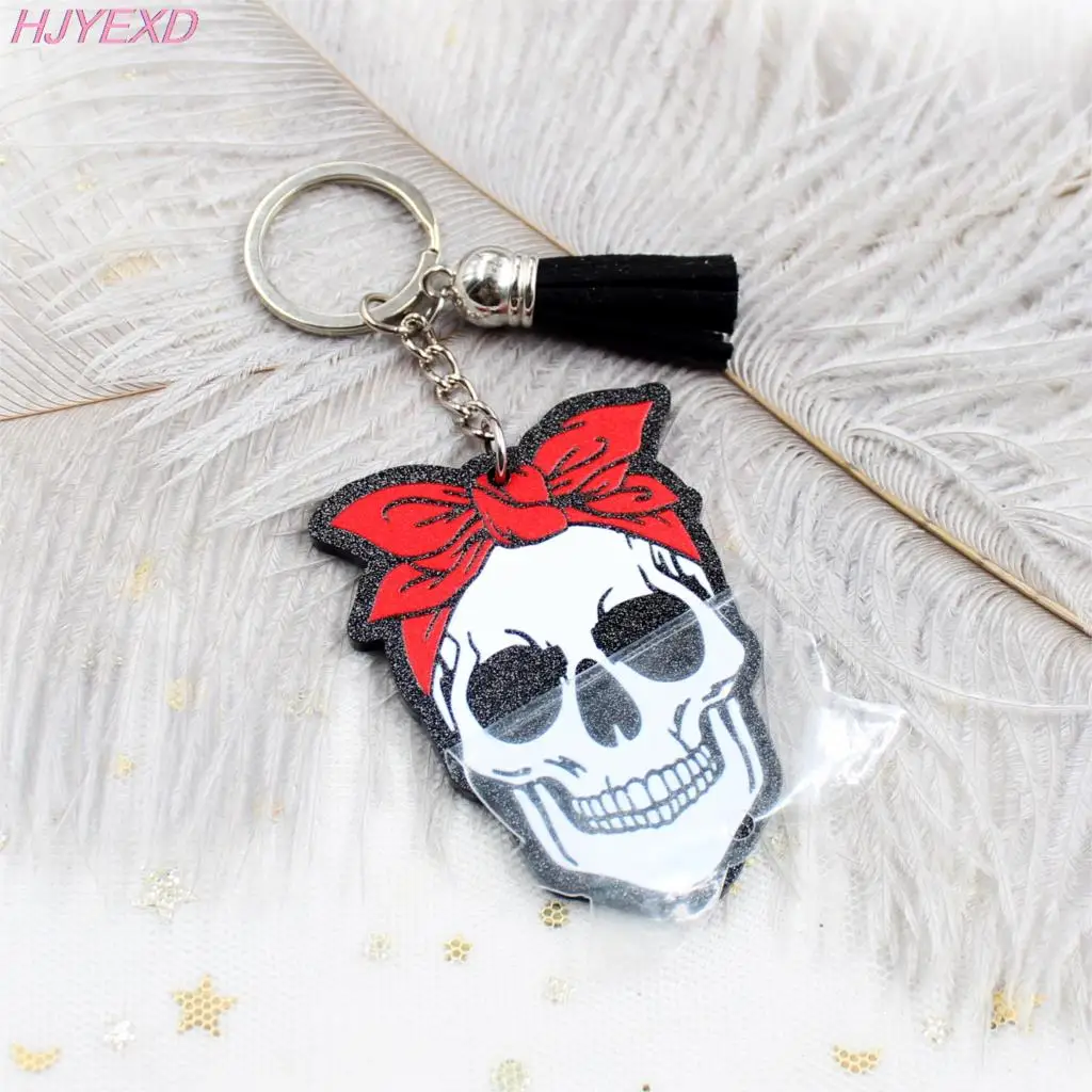 Брелок с черепом и лентой подарок на Хэллоуин для нее черный блестящий акриловый