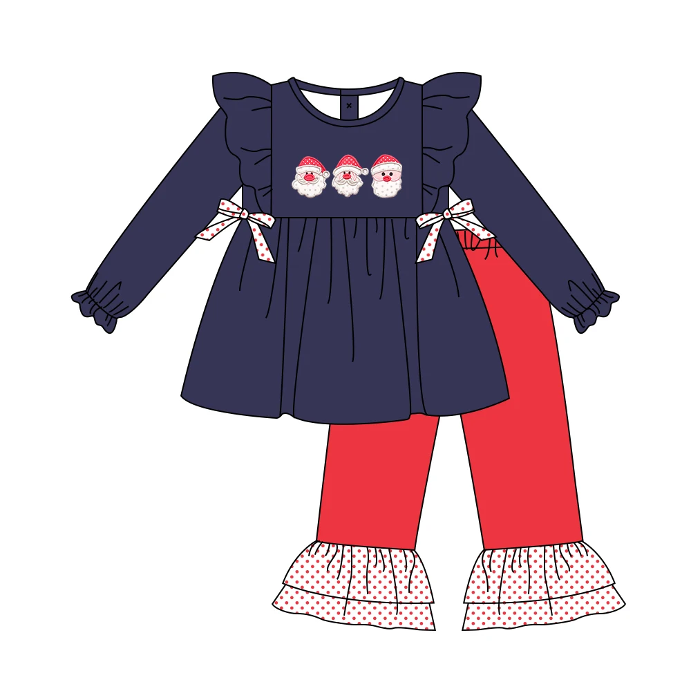 Ropa de oto&ntilde;o para ni&ntilde;as, falda de manga larga azul marino y pantalones rojos, Navidad, patrones bordados con tres cabezas de ancianos, trajes para ni&ntilde;as-0