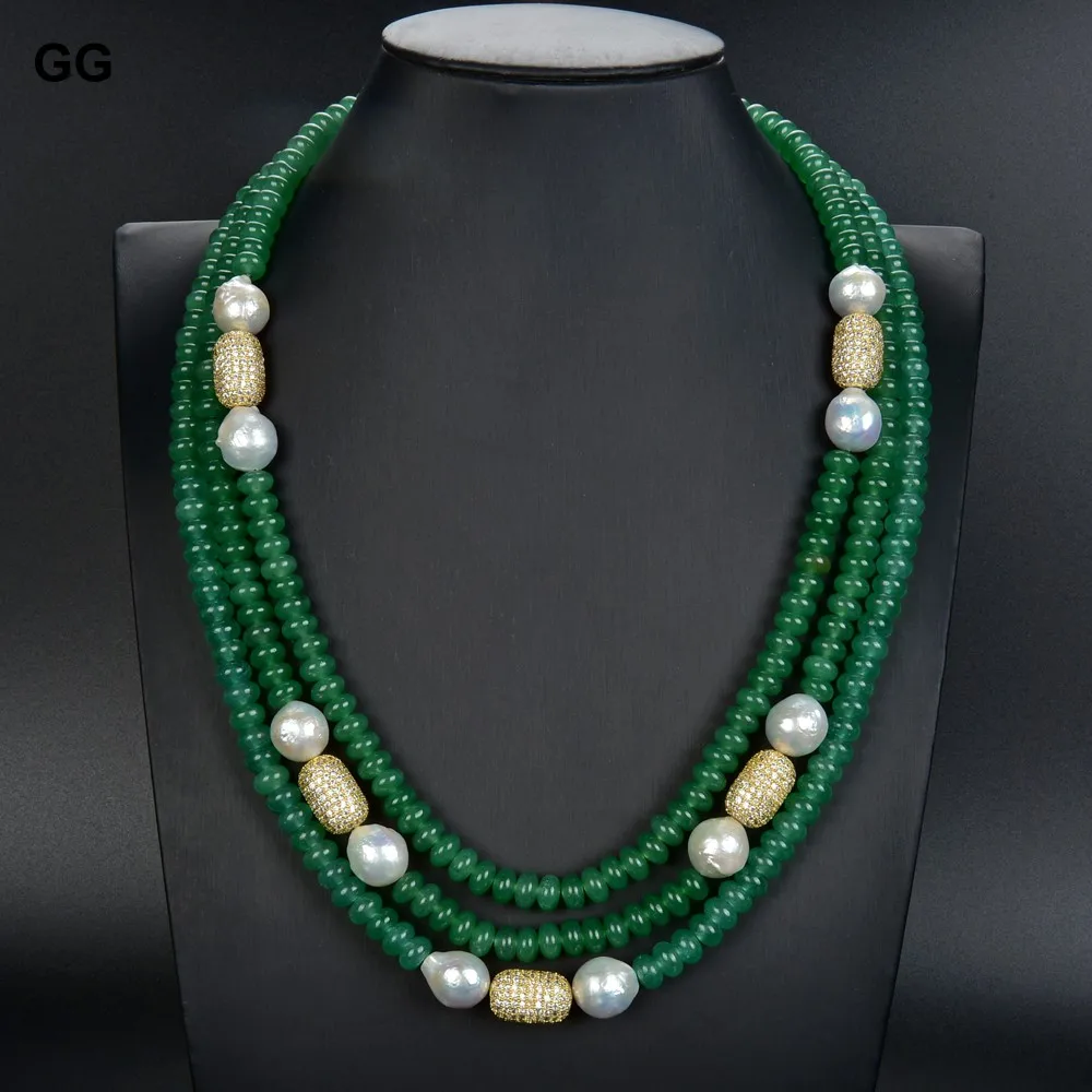 GG Jewelry 22 &quot3 ряда зелёный авантюрин нефрит белый Кеши жемчуг Cz бусы
