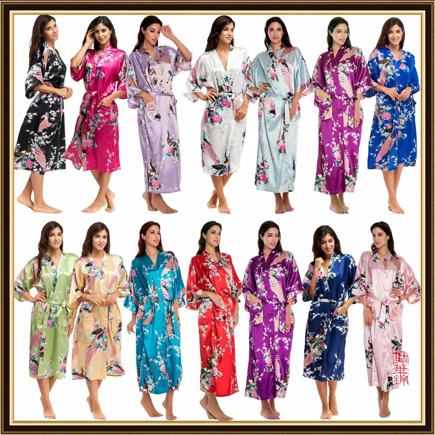 نصف كم فضفاض نمط امرأة ثوب الكيمونو الياباني الساتان لباس نوم من الحرير منامة الطاووس سبا يوكاتا الاستحمام رداء سيدة فستان طويل