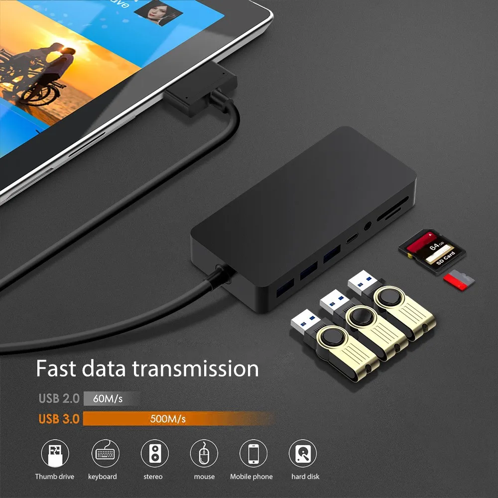 

12 In 1 USB 3.0 HUB Splitter Gigabit Ethernet SD/TF Card Reader HDMI-Compatible DP VGA Docking Station for Surface pro4/5/6