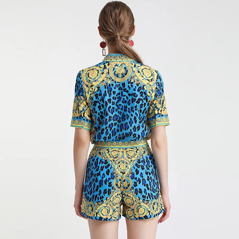 

Summer Fashion New Elegant Lapel Short Sleeve Single-Breasted Blue Leopard-Print Shirt Shorts Suit