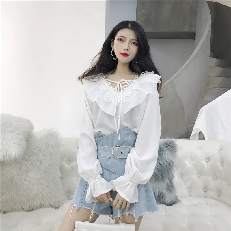 

Korean Style Fashion Brands Women's Clothing Blouses Loose Ruffles Chiffon Shirts Female V-neck Tops Vestidos Femininos New